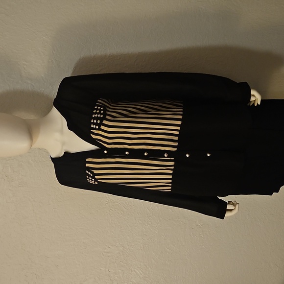 Vtg UNO CORE 1990s Black and Tan Striped Studded Chiffon Button Down Blouse - Picture 3 of 7